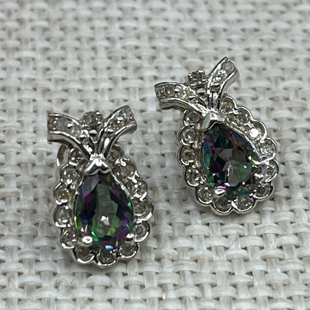 Vintage 10k White Gold Mystic Topaz & Diamond Earrings - Picture 4 of 15